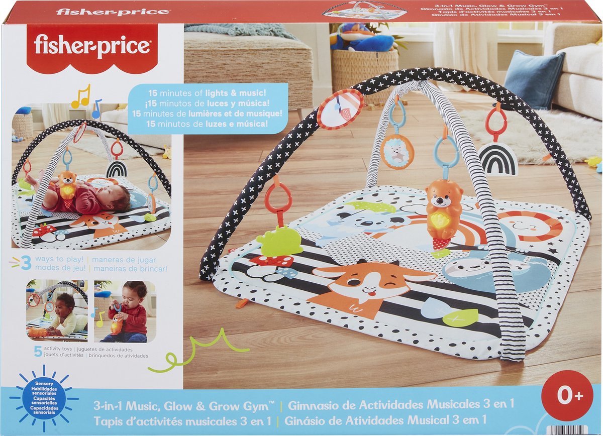 Fisher-Price 3-in-1 muziek glow grow gym, baby speelmat - met lichtjes en sensorisch speelgoed voor pasgeborenen