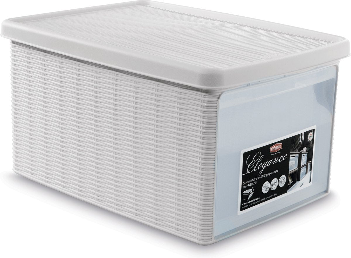 Stefanplast Opbergmand - opbergbox - 'elegance' - multifunctioneel - klepje aan voorkant - bakje - wit - maat m