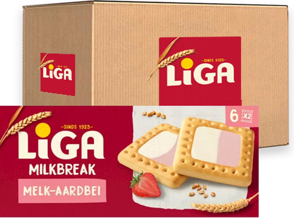 Liga milkbreak duo koekjes melk aardbei - doos 12 x 245g - koek - koeken voor onderweg of werk en kantoor