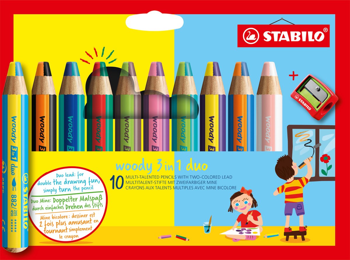 STABILO woody 3 in 1 duo - multi talent kleurpotloden - etui met 10 kleuren puntenslijper