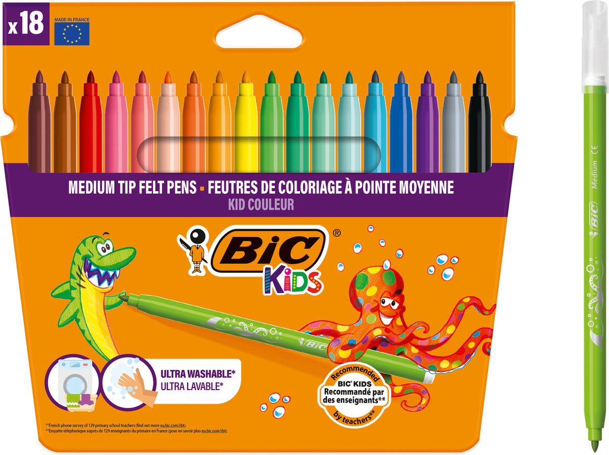 BIC kids kid couleur - viltstiften - stiften voor kinderen - uitwasbare kleurstiften - 18 stuks
