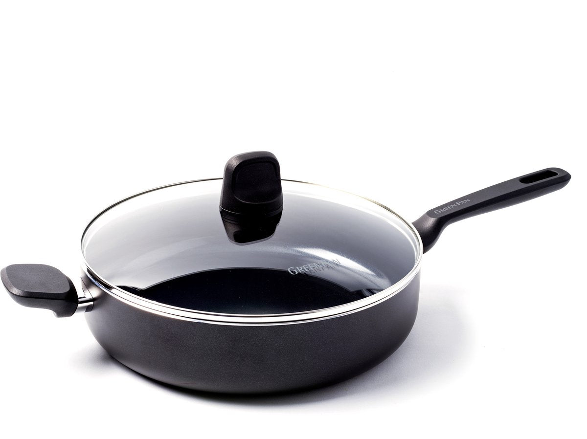 GreenPan memphis hapjespan 28cm met deksel - 4.2l - pfas-vrije antikleeflaag – hapjespan inductie - keramische pan - ovenbestendig tot 160°c - koudgrepen - met glazen deksel - zwart