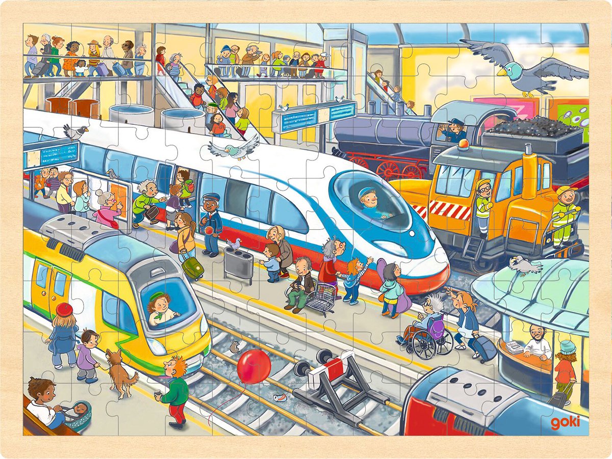 Goki puzzel - treinstation - 96 stukjes - 40x30x0,8cm - hout - 3+