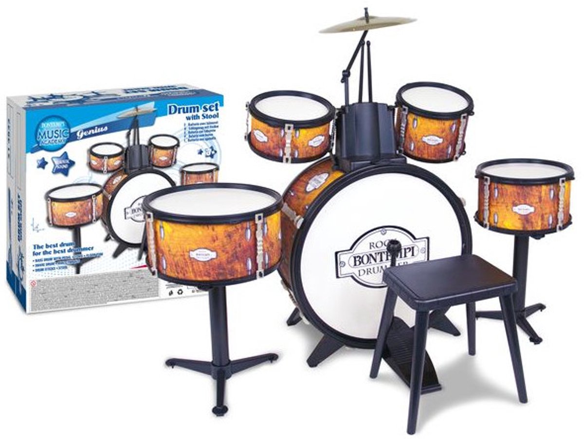 Bontempi Spa Bontempi - drumstel - speelgoed muziekinstrument - 6-delig met kruk en realistisch geluid.