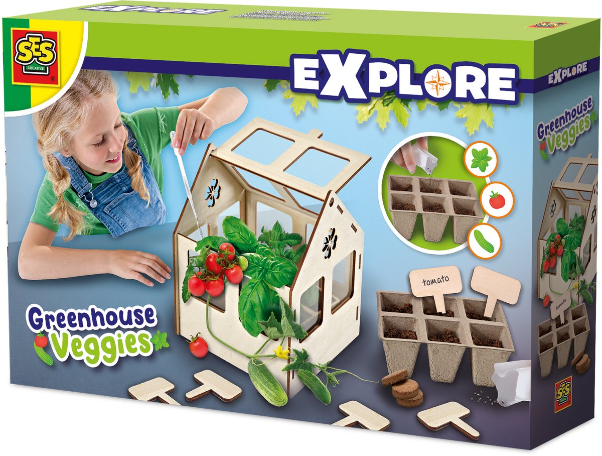 SES Creative - explore - broeikas met groenten - kweek je eigen tomaat, basilicum en komkommer - echt houten broeikas – experimenteerdozen – mini moestuin voor kinderen