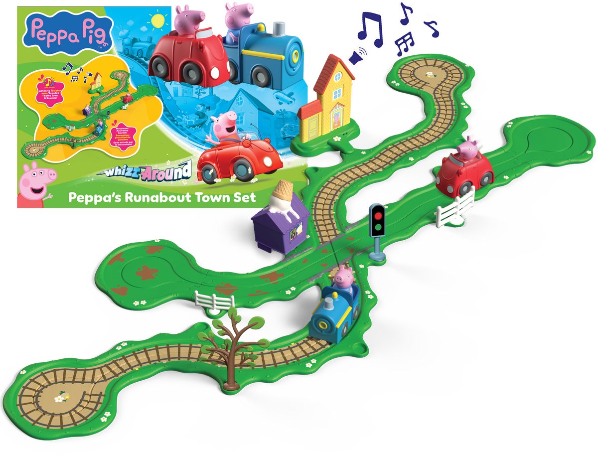 Gear2Play Peppa pig whizz around - peppa's rondweg door de stad speelset - modulaire rijbaan voor whizz around voertuigen - interactief met muziek en geluid