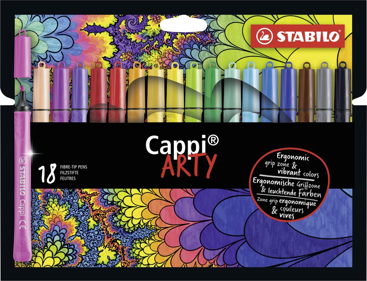 STABILO cappi - viltstift - nooit meer je dop kwijt dankzij de dopring - arty etui met 18 kleuren