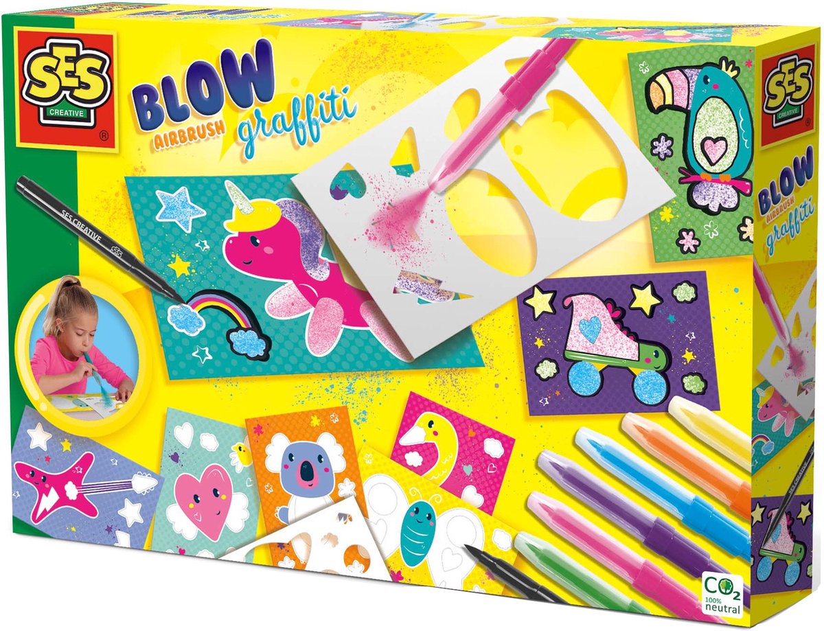 SES Creative – blow airbrush graffiti – creatieve knutselset vanaf 6 jaar – inclusief 6 airbrush pennen, zwarte stift, sjablonen en kleurplaten