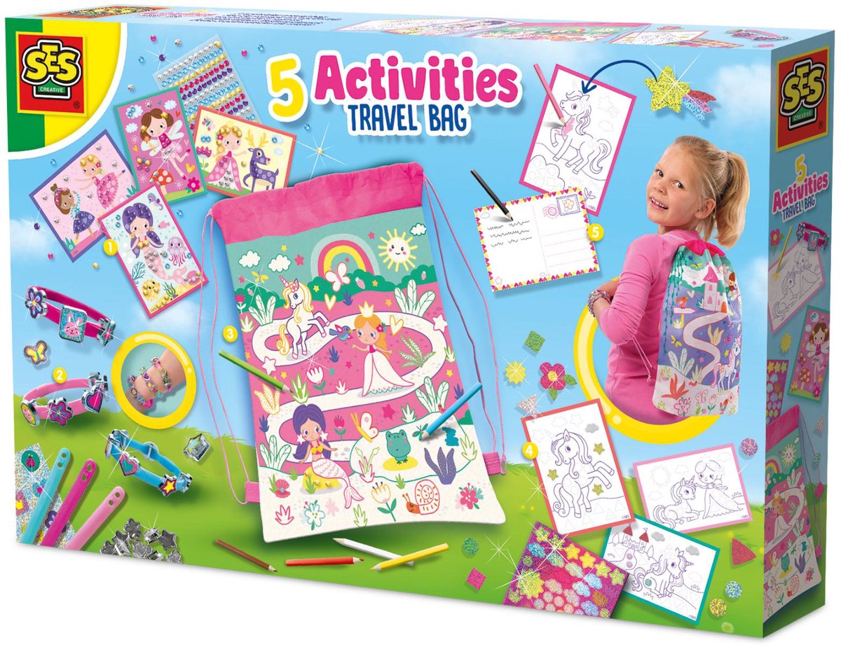 SES Creative 02401 activiteiten tas - armbandjes maken - kleuren - stickeren - knutselen op reis - versier je eigen tas