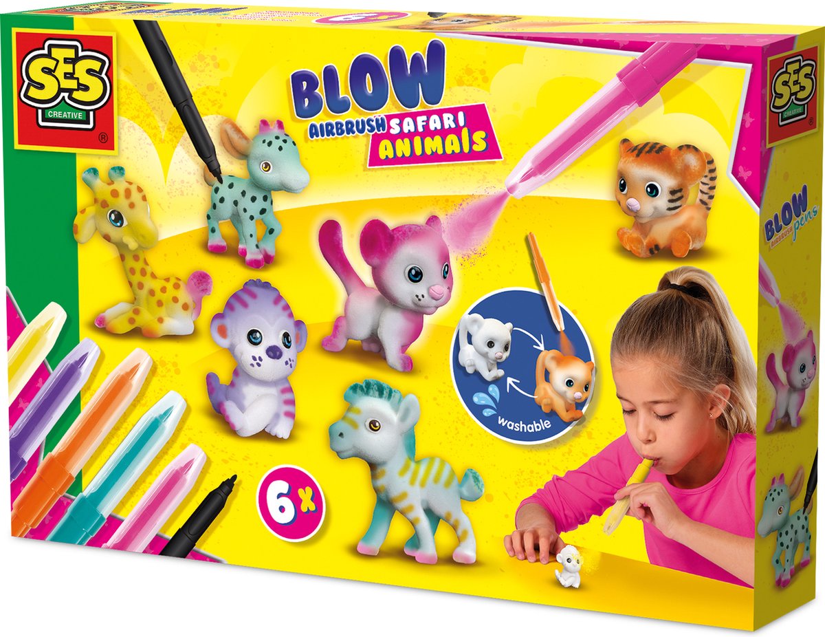 SES Creative - blow airbrush pens - safari dieren - knutselen meisjes - 6 pennen en dieren - herbruikbaar - vanaf 5 jaar