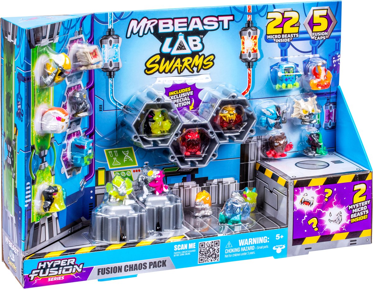 Moose Toys Mrbeast lab swarms - hyper fusion serie chaos xl pack - 22 swarms microbeesten, 5 fusion caps 22 stickers