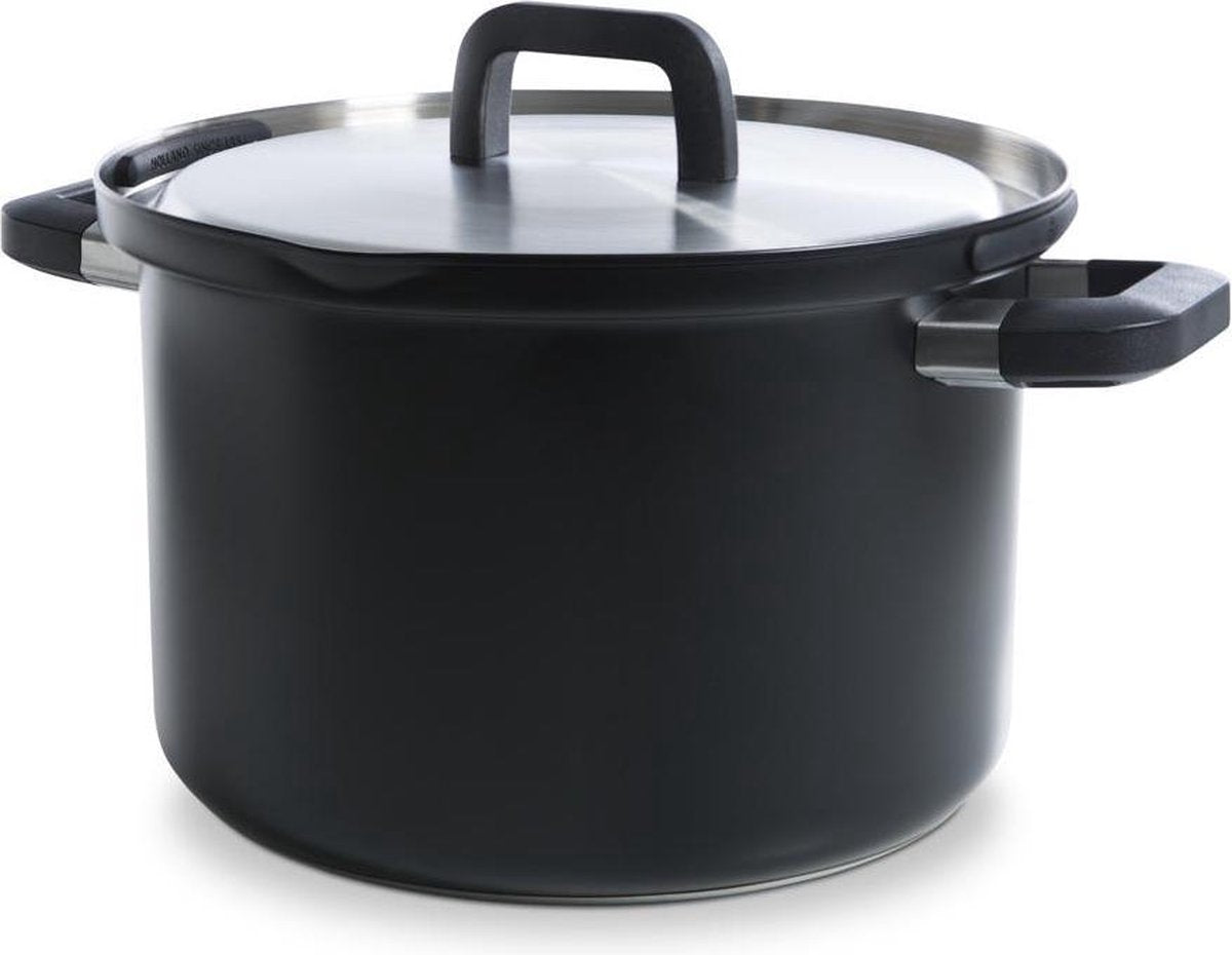 BK flow cool black soeppan 24cm - 6.5l - zonder pfas-vrije antikleeflaag - inductie kookpan - rvs kookpan - veilig afgietsysteem - ovenbestendig tot 160°c - met deksel - zilver