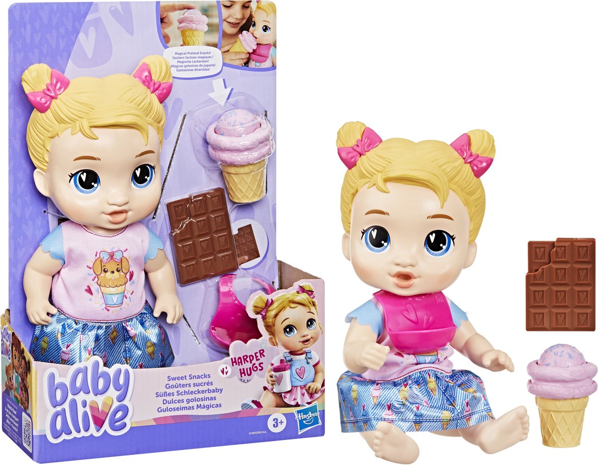 Baby Alive sweet snacks harper hugs, pop met voedingsaccessoires - blond haar - 28 cm