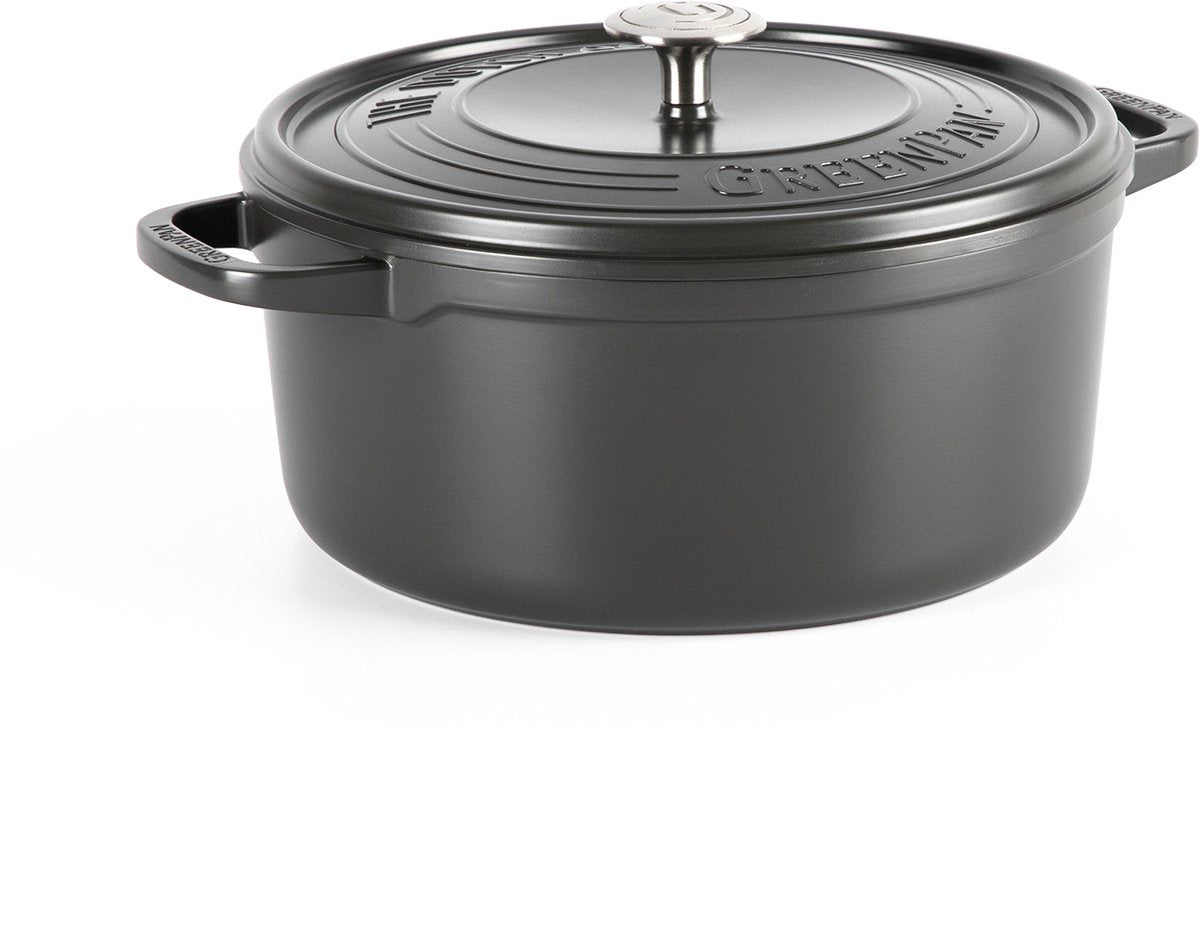 GreenPan featherweights braadpan 22cm - 3l - zonder pfas-vrije antikleeflaag - braadpan inductie - ovenbestendig tot 230°c - geëmailleerd gietijzer - met deksel - zwart