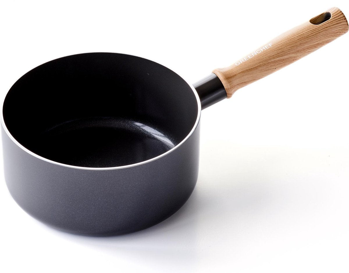 GreenChef vintage steelpan 18cm - 2.1l - pfas-vrije antikleeflaag - wokpan inductie - keramische pan - ovenbestendig tot 160°c - houten handgreep - koelgreep - zonder deksel - zwart