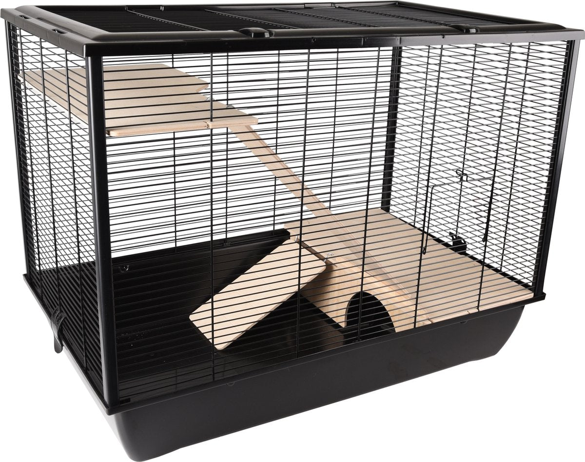 Flamingo Hamsterkooi – elsa – caviakooi dwergkonijnenkooi – grote knaagdierenkooi met platforms, loopplanken en schuilplaats – metaal zwart hout naturel – 77x47x60 cm – europese kwaliteit