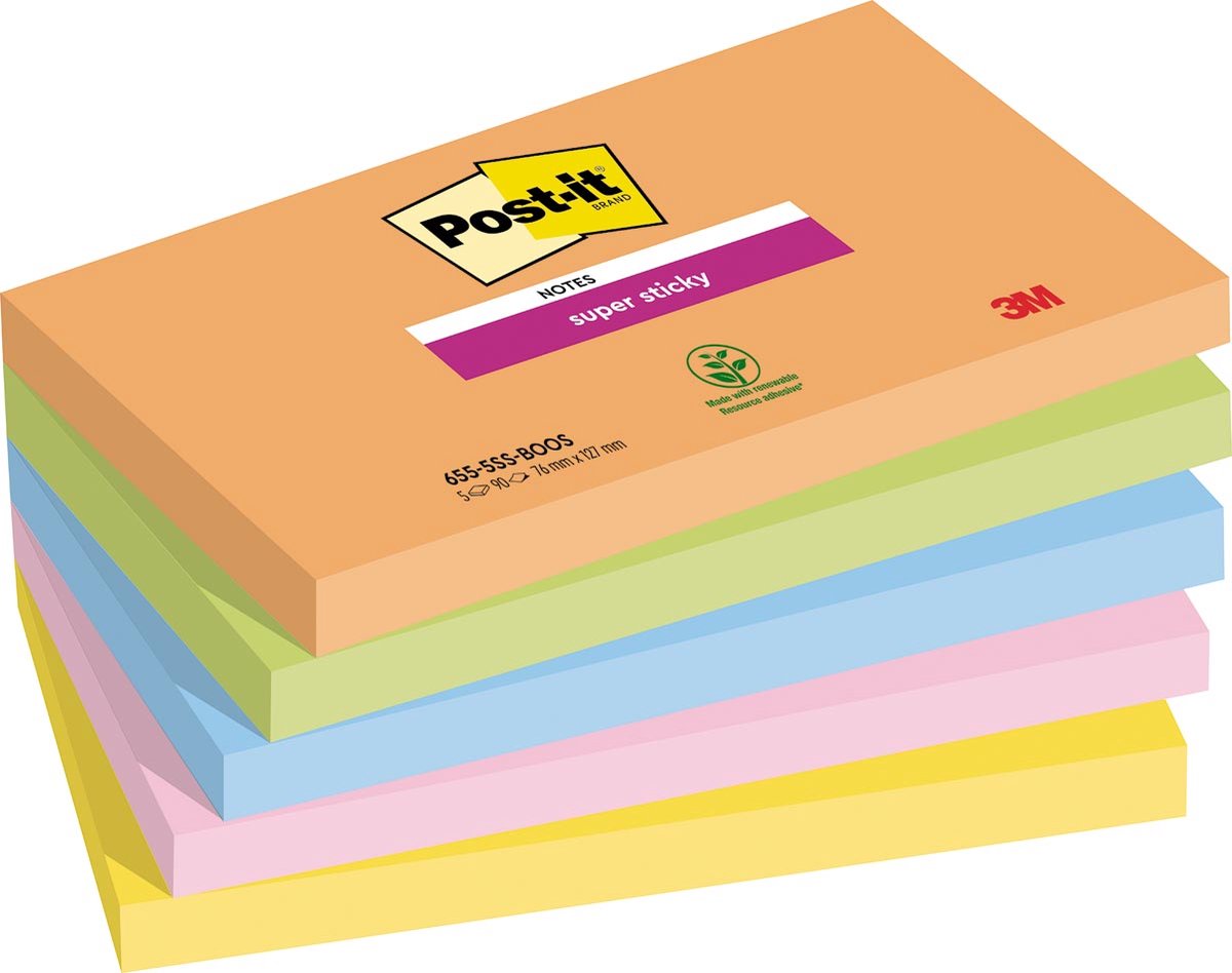 Post-it Super Sticky notes boost | 90 vel | ft 76 x 127 mm | geassorteerde kleuren | pak van 5 blokken