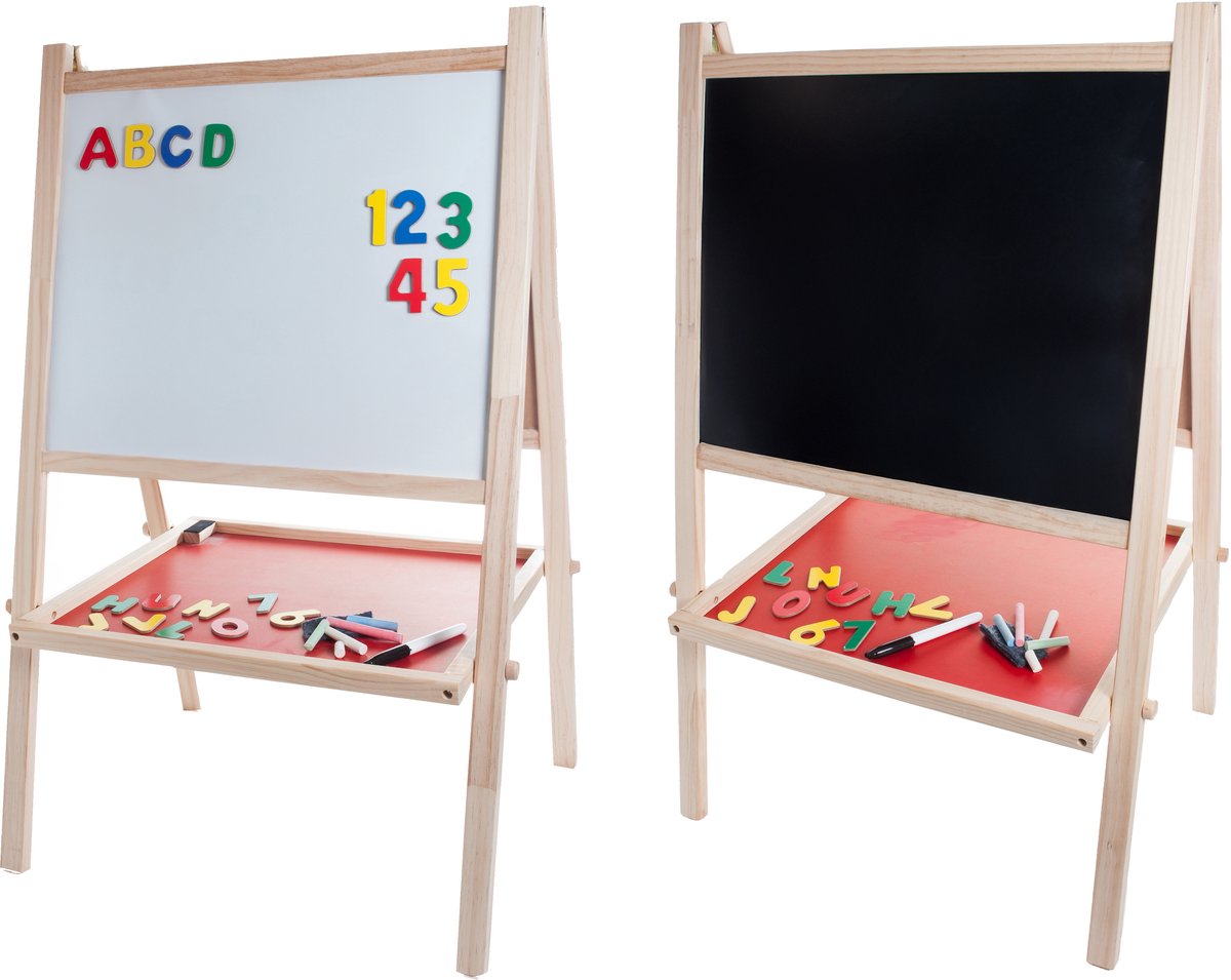 Longfield Schoolbord whiteboard van hout – dubbelzijdig kinder schoolbord – educatief speelbord met magneten, krijtjes wisser – tekenbord leerbord – engelhart