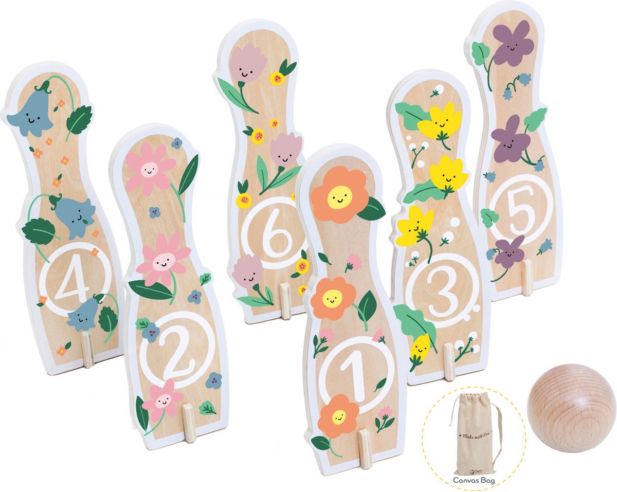 Classic World world houten bowlingset bloemen, 14dlg,