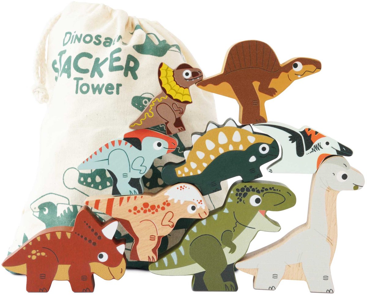 Le Toy Van houten stapelbare dinosaurussen speelgoed set met tas fsc 100%.