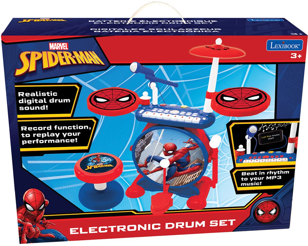 Lexibook Mijn rockband spider-man compleet elektronische lichtgevende drumset met kruk