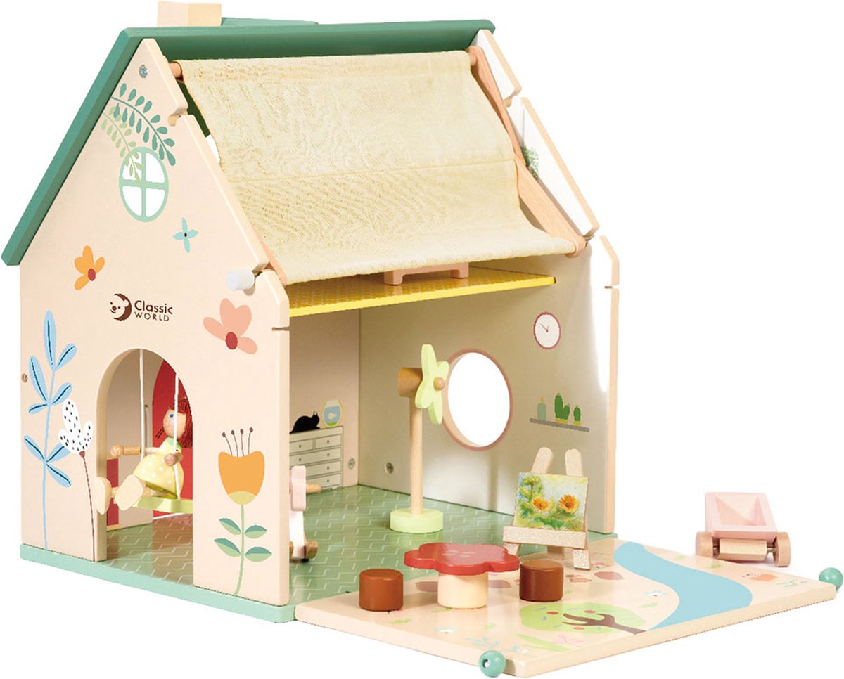 Classic World houten poppenhuisje - poppenhuis met tuintje en accessoires.