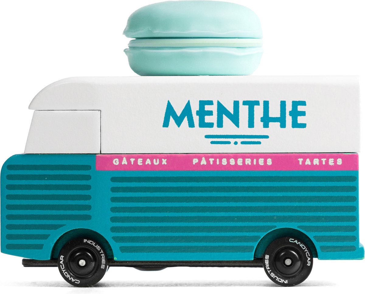 CandyLab speelgoedbus macaron van blauw houten retro busje.
