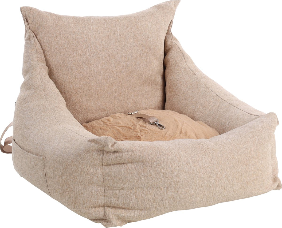 Flamingo Autostoel hond – autostoel megan beige – 62x62x25cm – wasbare hoezen antislip bodem – veilig reizen voor kleine honden