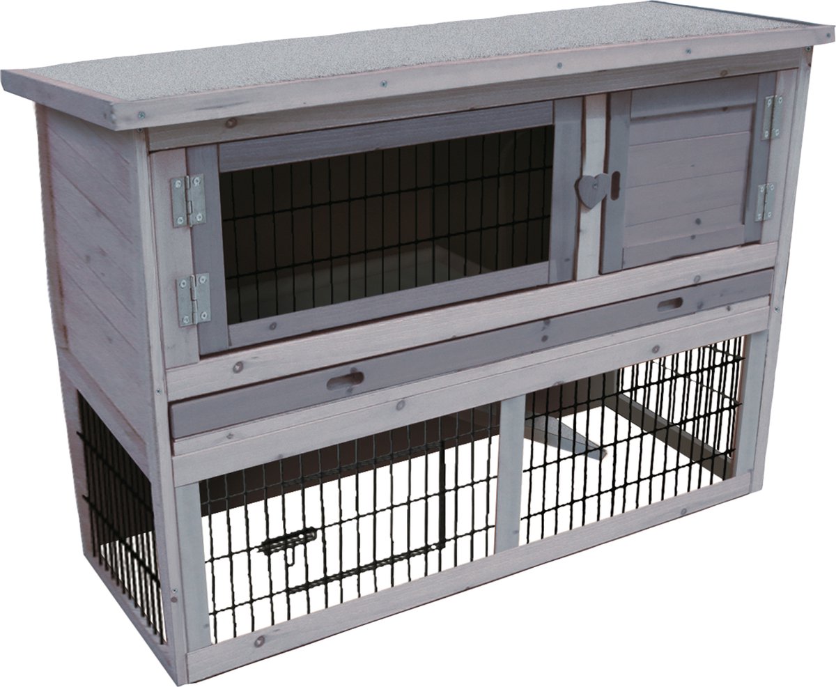 Flamingo Konijnenhok met ren – compact konijnenhok voor buiten met 2 verdiepingen en nachthok – 111x45x78 cm – konijnenhok loft cottage grijs