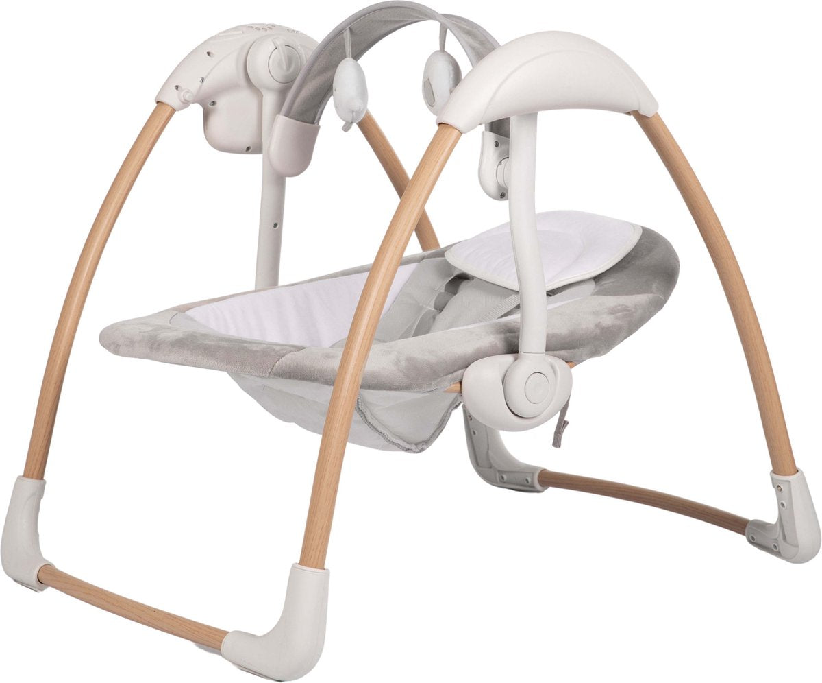 Bo Jungle - schommelstoel - swing baby - tot max. 9 kg - inclusief speelboog - verstelbaar - zachte stof - muziek vibratie functies en natuurgeluiden - timerfunctie - netstroom kabel of batterijen - plooibaar - portable swing dolphy pure white - wit