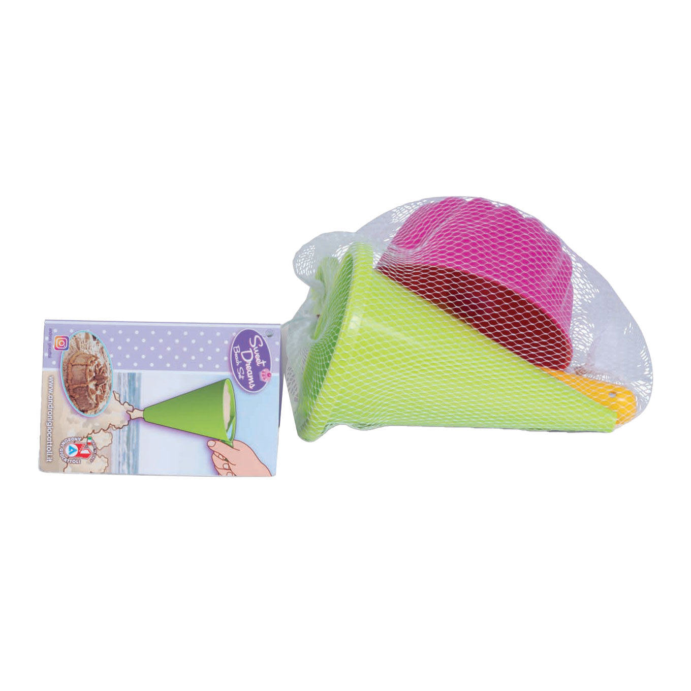 Androni Zandtrechter met cake zandvorm en schep, 3dlg.