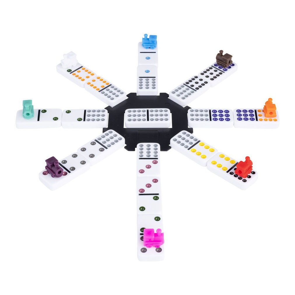 Engelhart Domino dubbel 12 mexican train – 91 stenen met gekleurde ogen – luxe aluminium koffer met handvat – inclusief station treinen – strategisch familiespel –