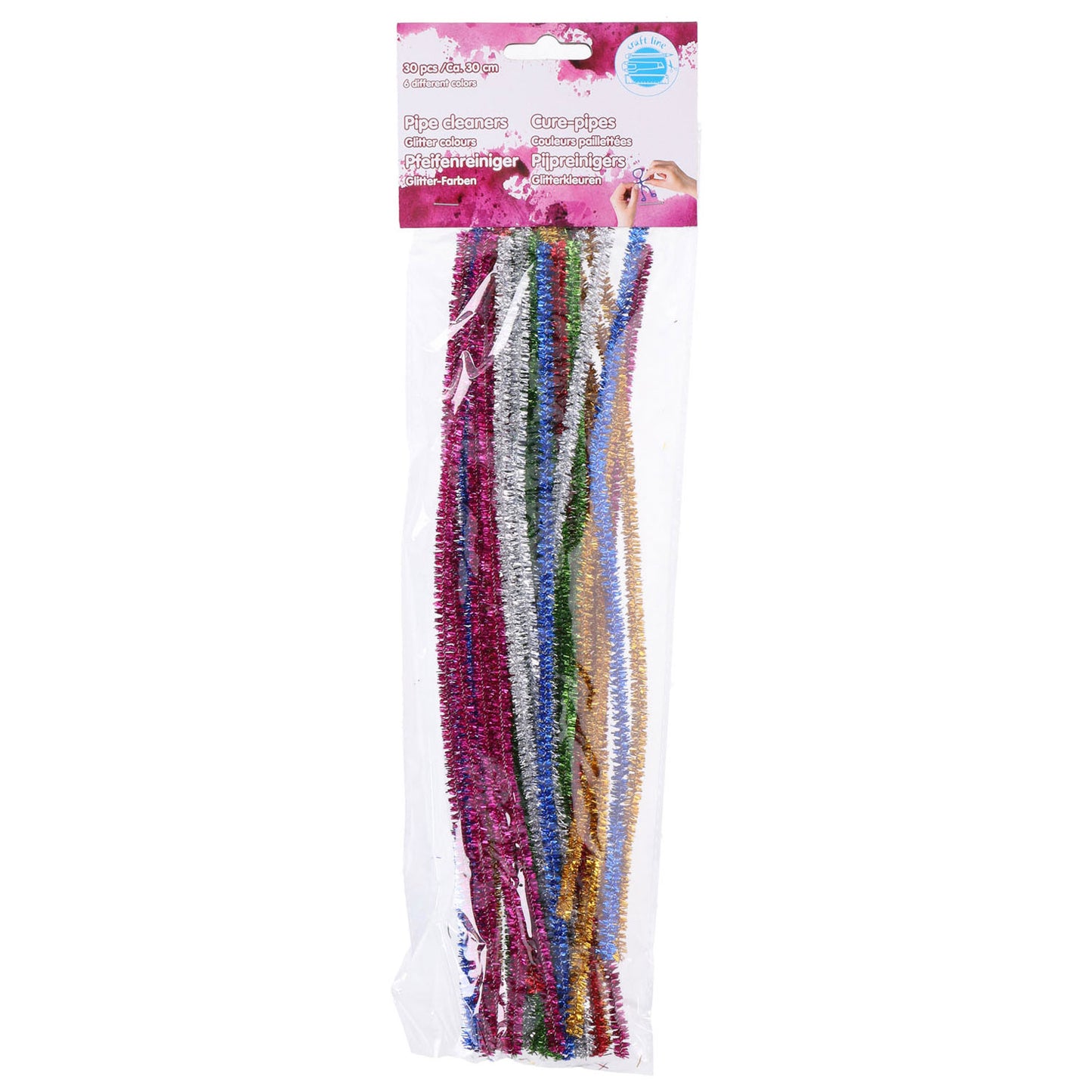 Edco Craft line chenille draad 30 stuks - pijpenragers glitter kleuren - knutsel draad buigbaar - hobby en creatief gebruik - 30 cm - 6 kleuren
