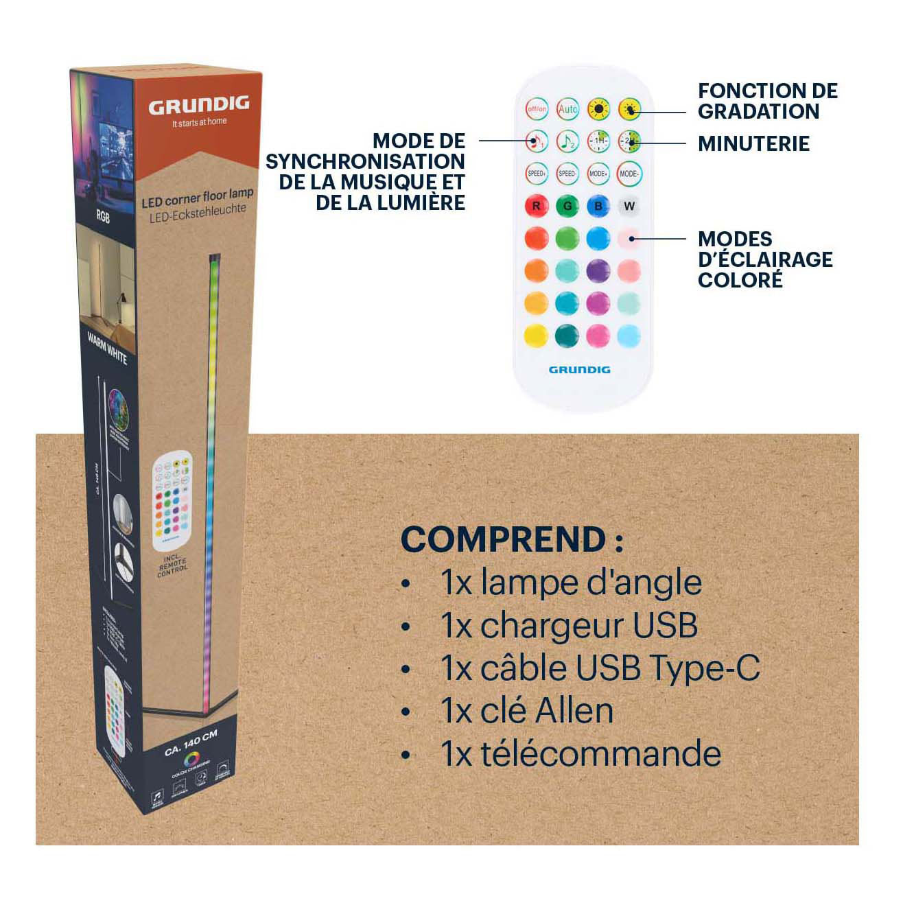 Grundig LED-Hoeklamp met Afstandsbediening, 140cm