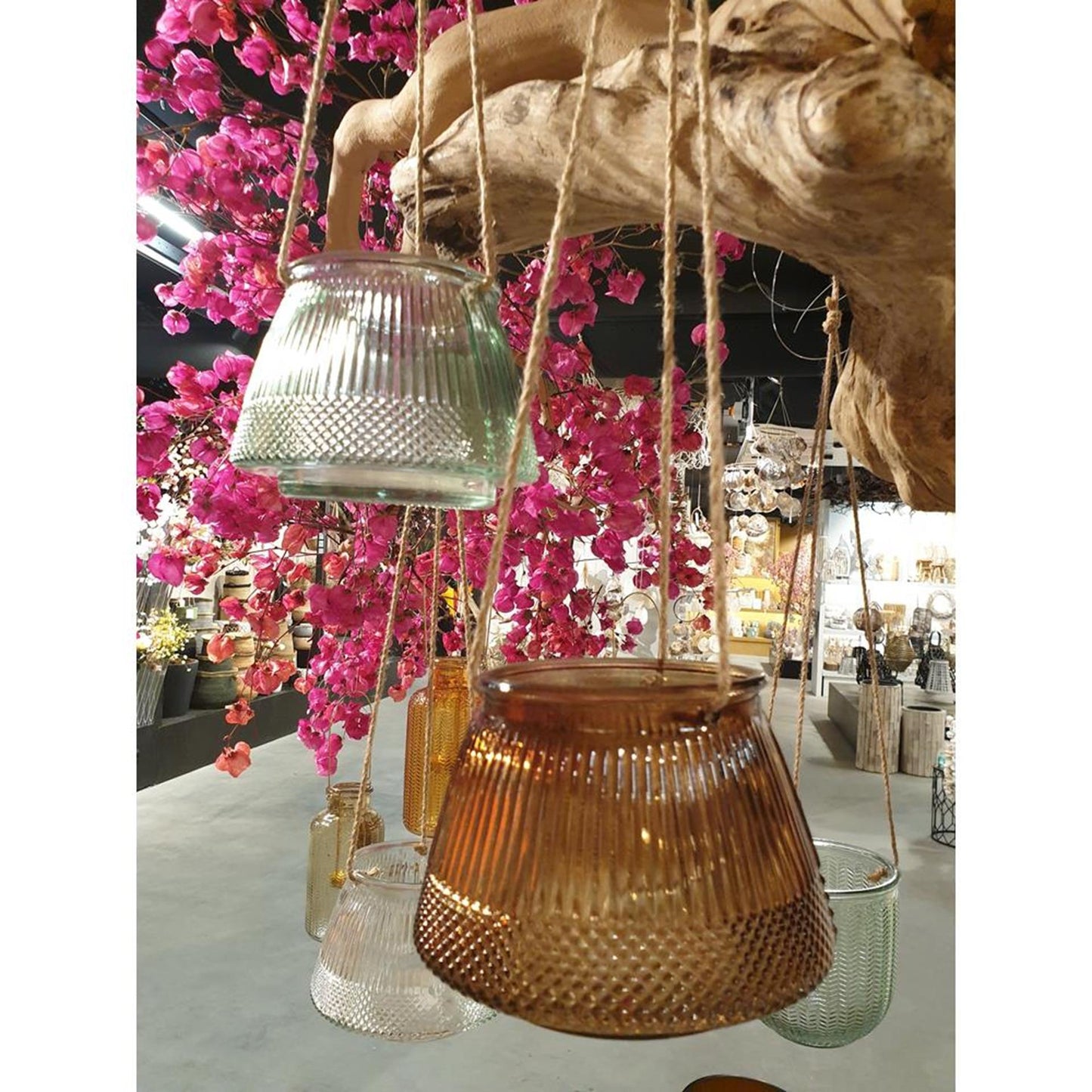 HBX Natural Living Hangende windlicht lines ø11xh15cm groen