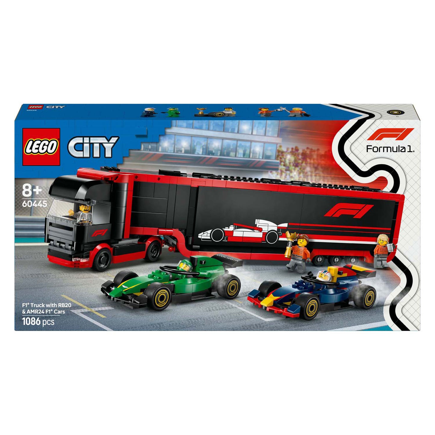 LEGO city 60445 f1 truck met rb20 en amr24 f1 auto's