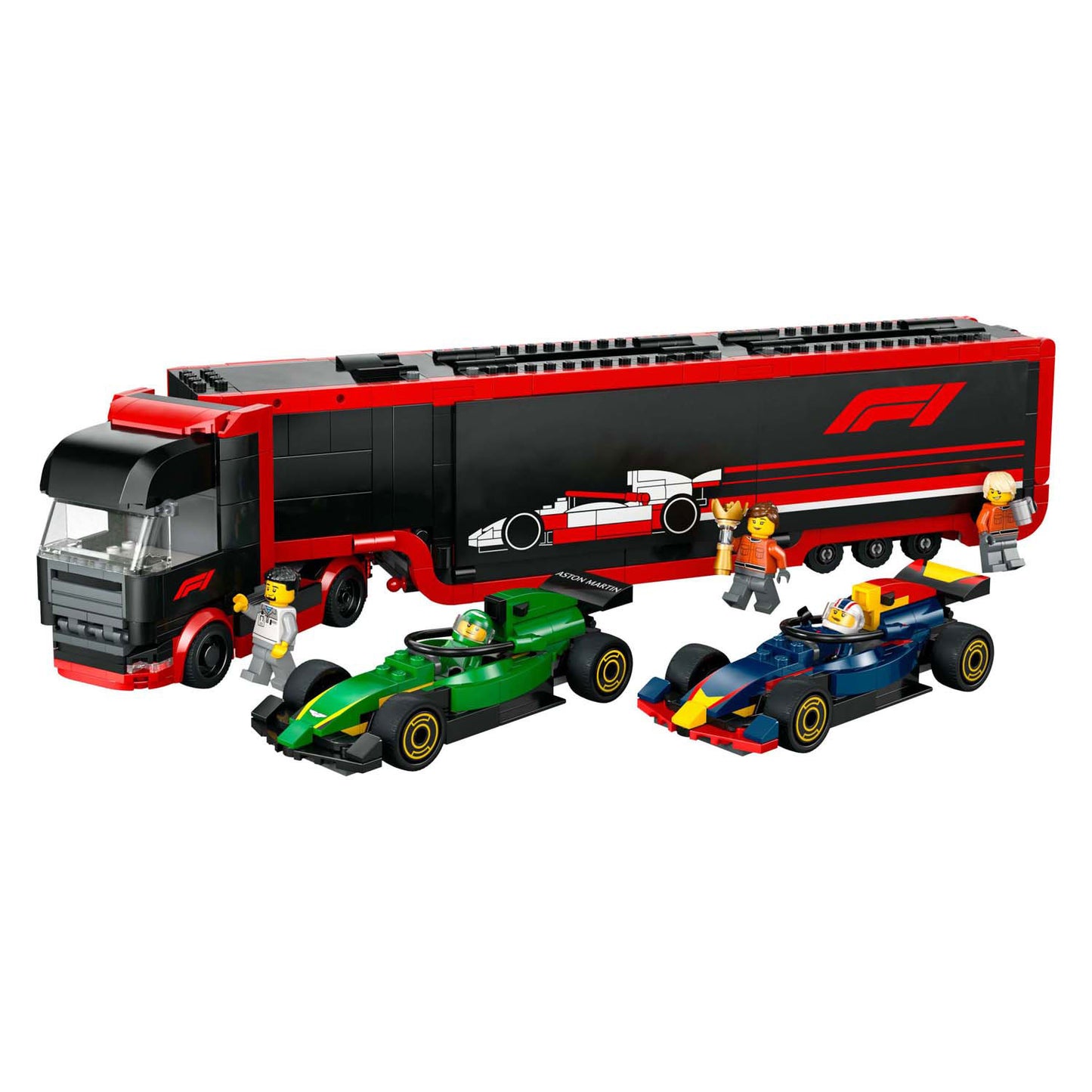 LEGO city 60445 f1 truck met rb20 en amr24 f1 auto's