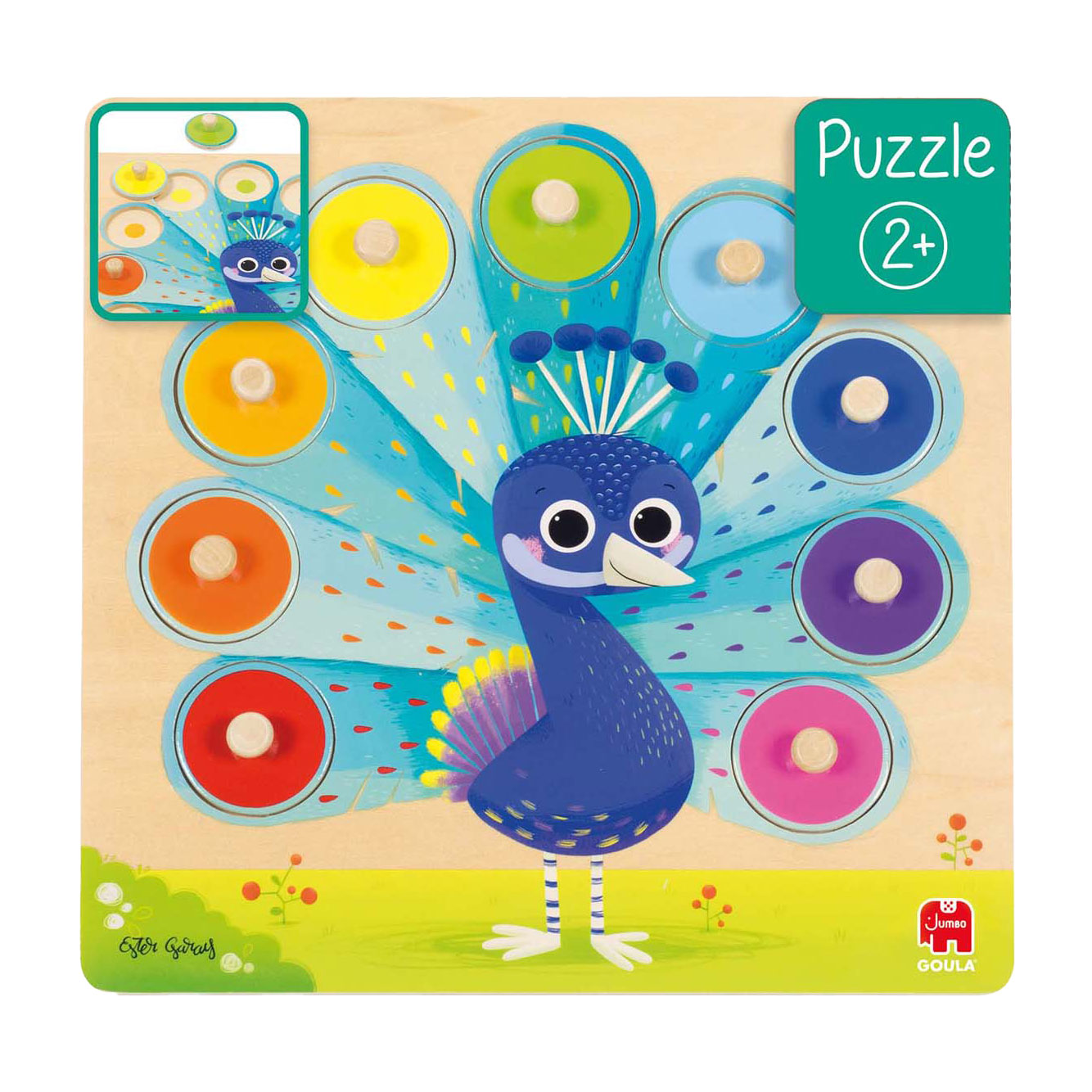 Goula Jumbo - houten noppenpuzzel pauw, 9st.