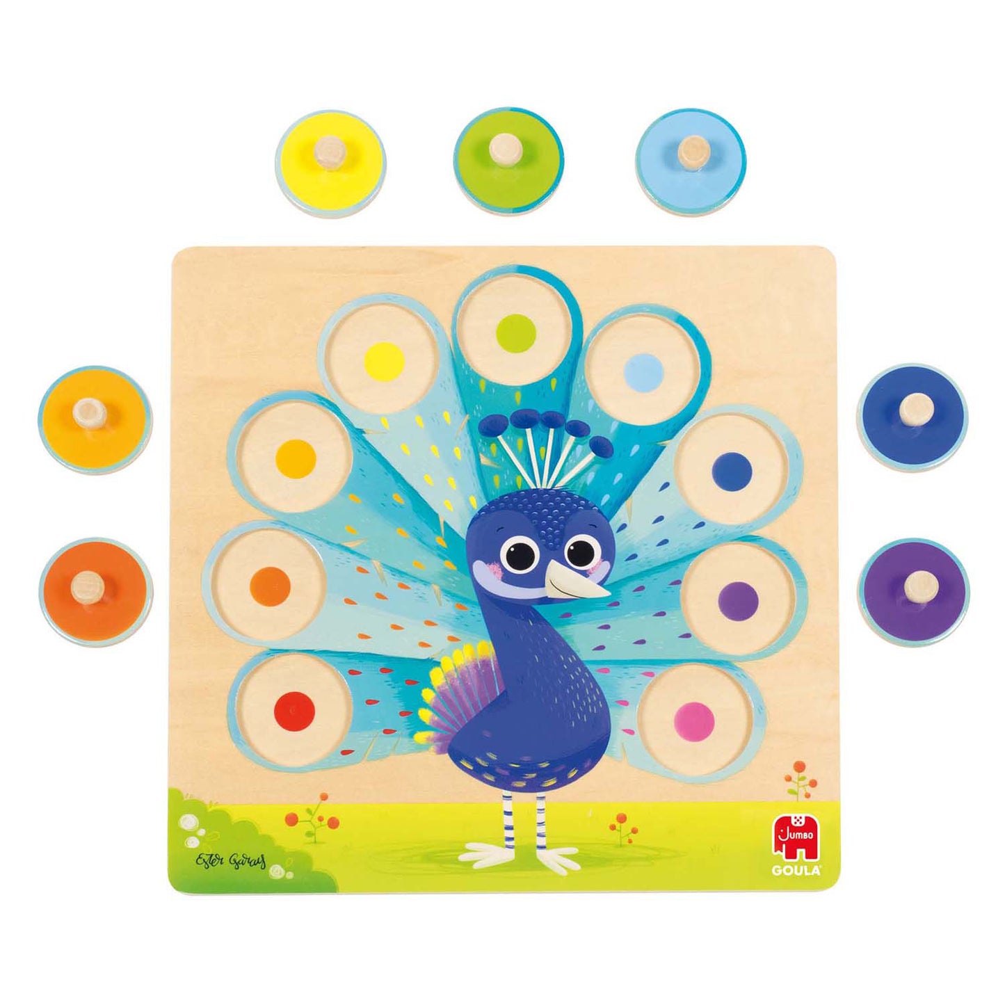 Goula Jumbo - houten noppenpuzzel pauw, 9st.