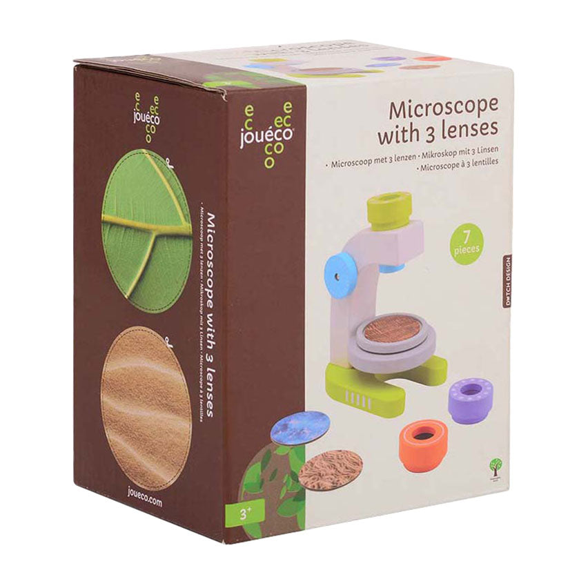 Johntoy Joueco houten microscoop met 3 lenzen, 7dlg.
