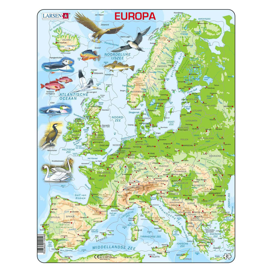 Larsen legpuzzel kaart europa - geografisch met dieren, 87st.