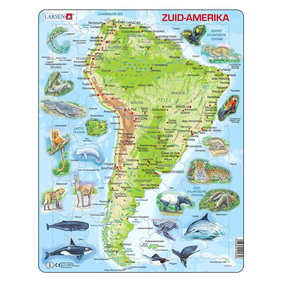 Larsen legpuzzel kaart zuid, amerika geografisch met dieren, 65st.