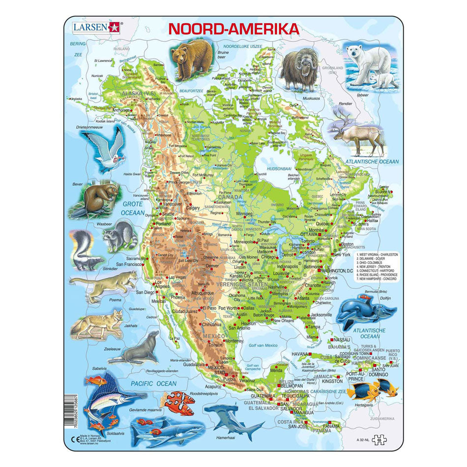 Larsen legpuzzel kaart noord amerika geografisch met dieren, 66st.