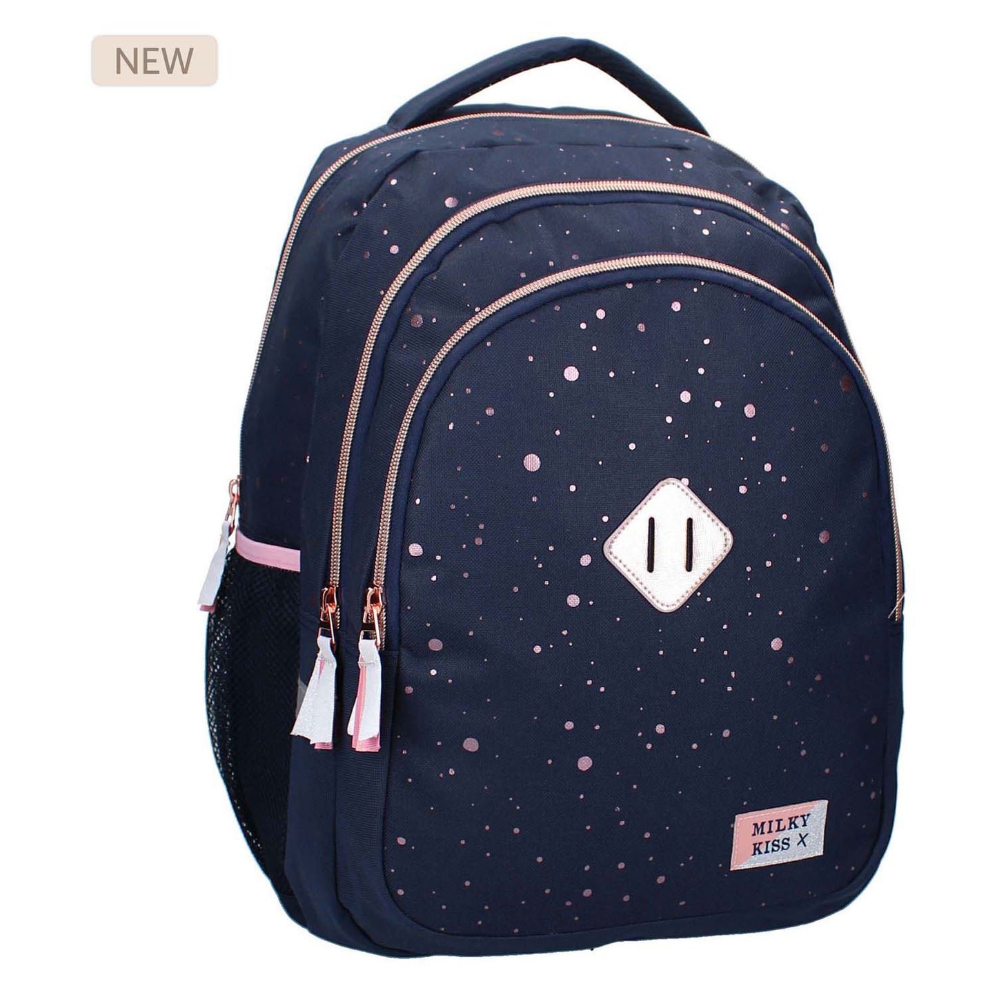 Milky Kiss rugzak divine days donkerblauw met roze stippen, 3-vaks