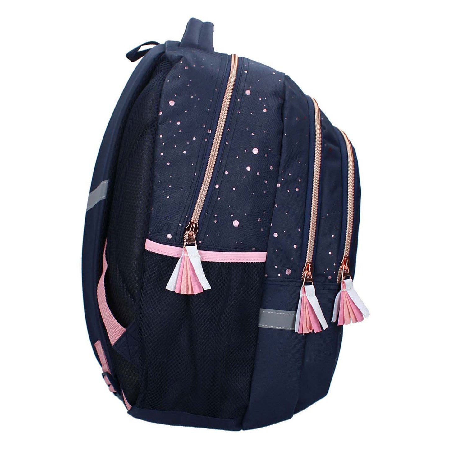 Milky Kiss rugzak divine days donkerblauw met roze stippen, 3-vaks