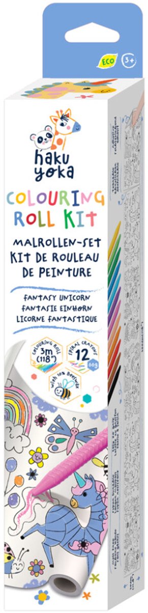 Haku Yoka : kleurrol kit eenhoorn 30x300cm, inclusief 12 waskrijtjes in spiraalvorm, afscheurbaar en zelfklevend, bevat 10% bijenwas, in doos 6,5x6,5x35cm, 3+