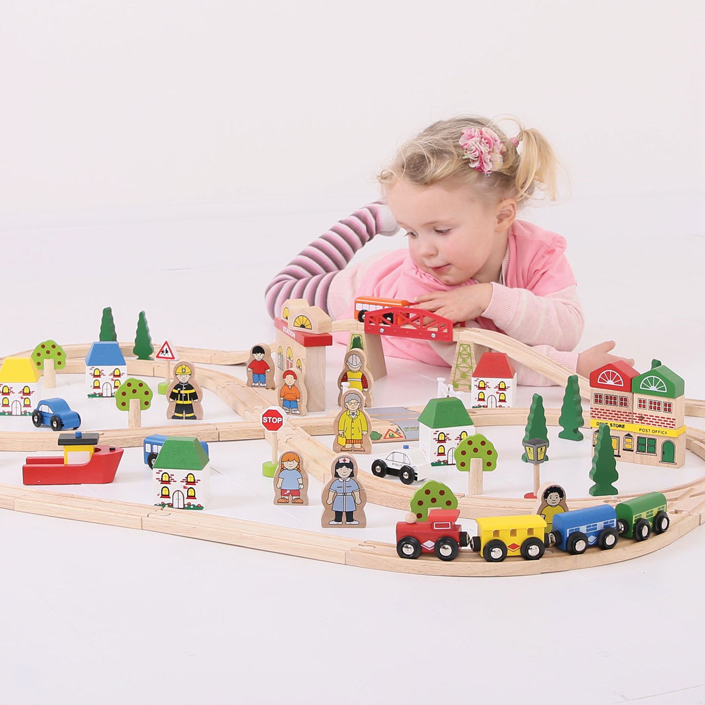 BIGJIGS houten treinset stad en land, 101dlg.