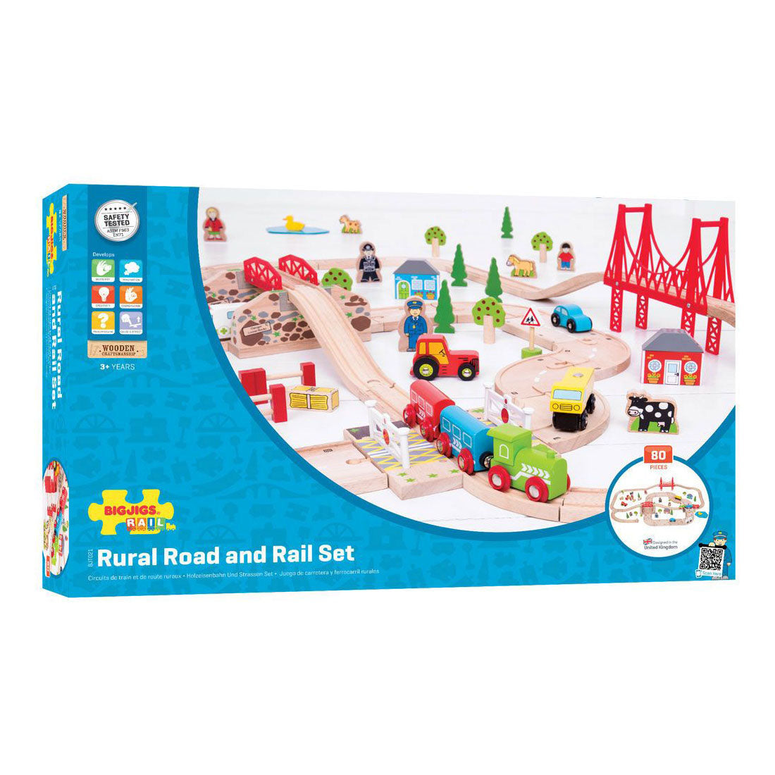 BIGJIGS houten weg en treinset platteland, 80dlg.