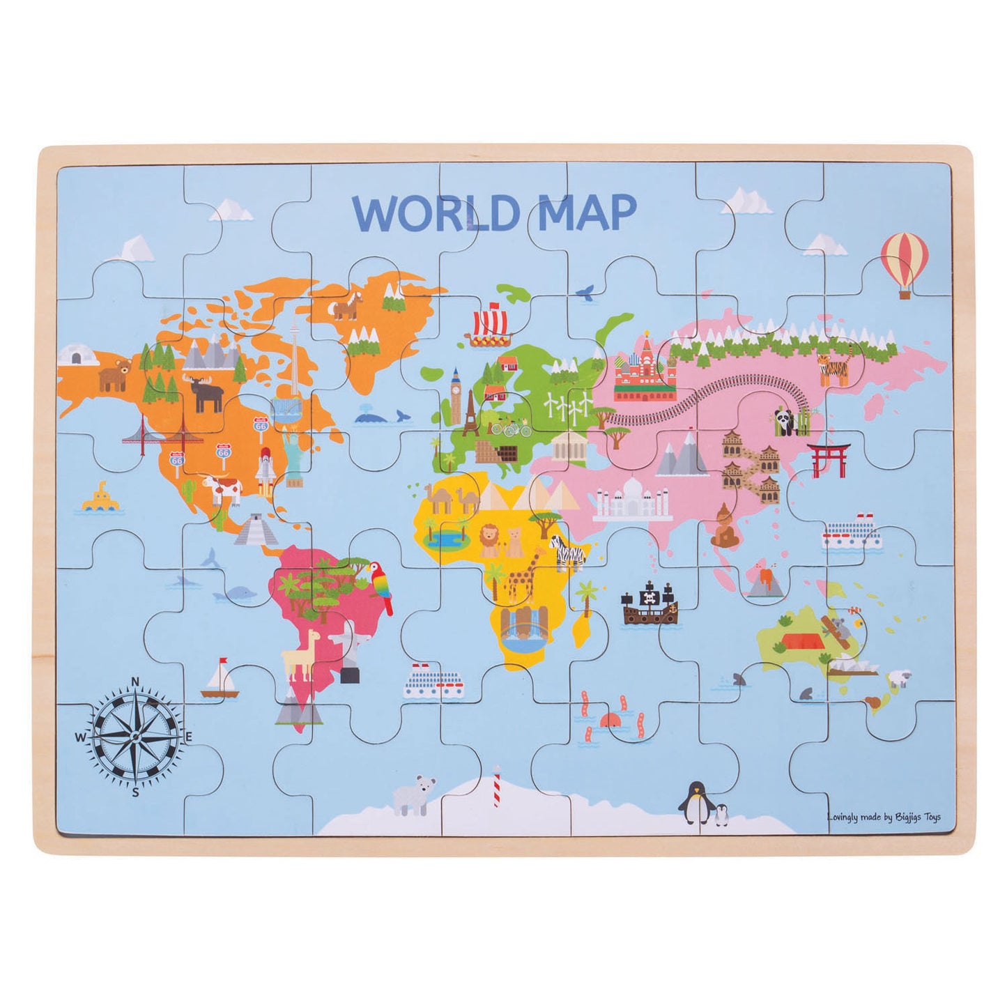 Bigjigs houten wereldkaart puzzel, 35dlg.