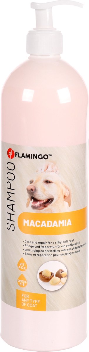 Flamingo Hondenshampoo macadamia – 1l – geschikt voor elk vachttype – herstellende en hydraterende hondenshampoo – vachtverzorging
